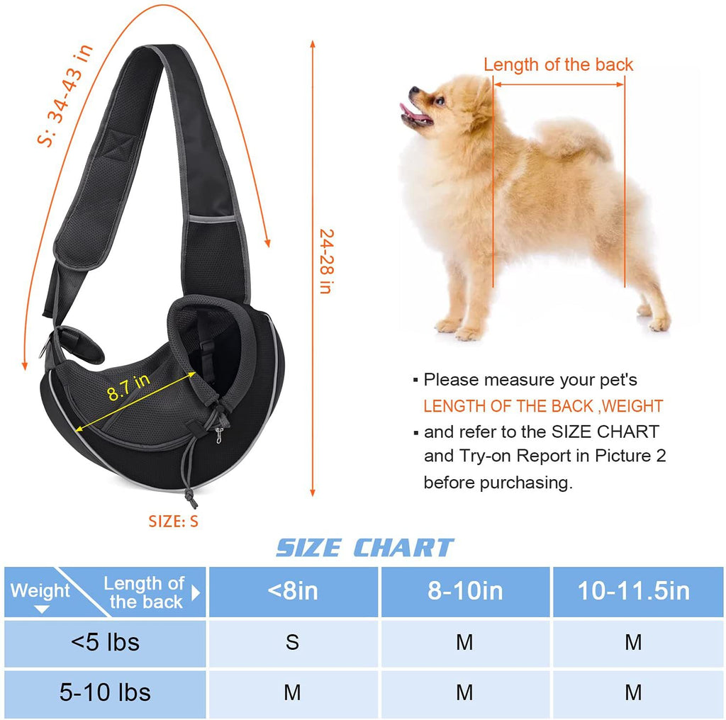 Pet Carrier Bag size chart with measurements and a small dog illustration.